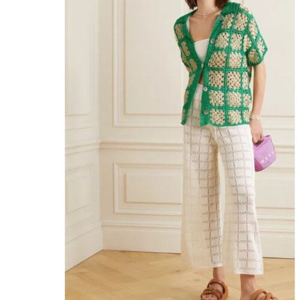 Calle del Mar Checked Crochet Cardigan Button Front Shirt Green Ivory Top Sz S
